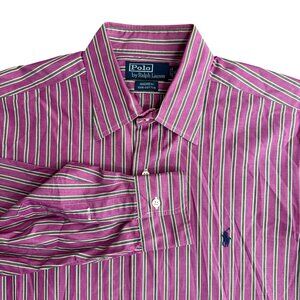 Polo Ralph Lauren Andrew Mens Pink Green Striped Button Down Dress Shirt 16 Pony